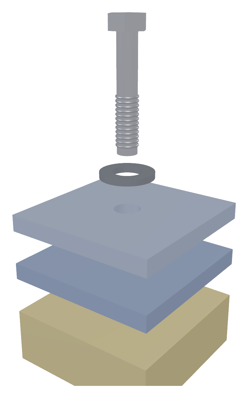 Exploded 3D view of a tapped joint: hex bolt with threaded end, washer, two clearance plates, and a tapped base, stacked on a common axis
