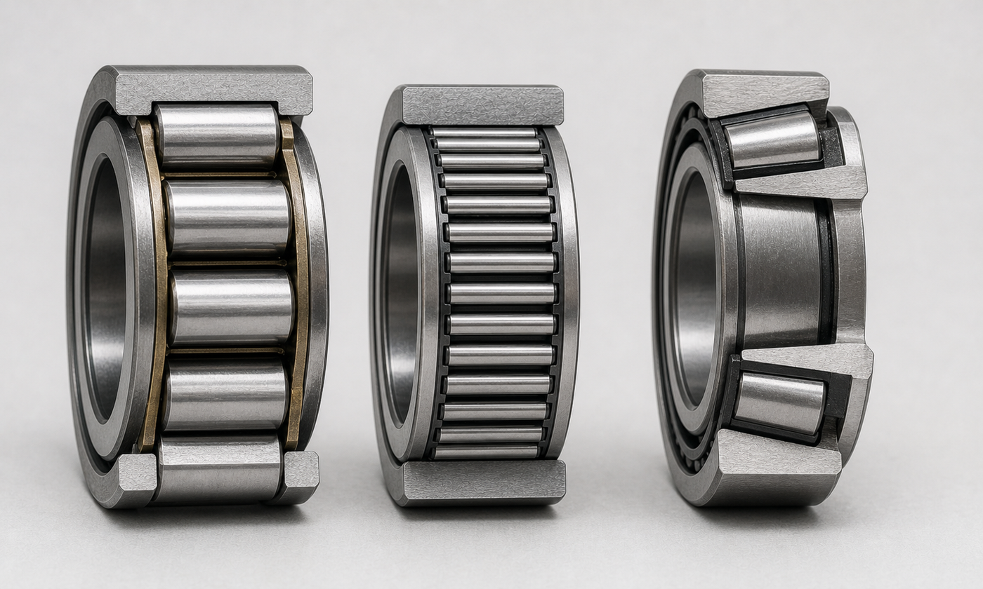 Three realistic bearing cutaways comparing cylindrical rollers, slim needle rollers, and tapered rollers with angled raceways