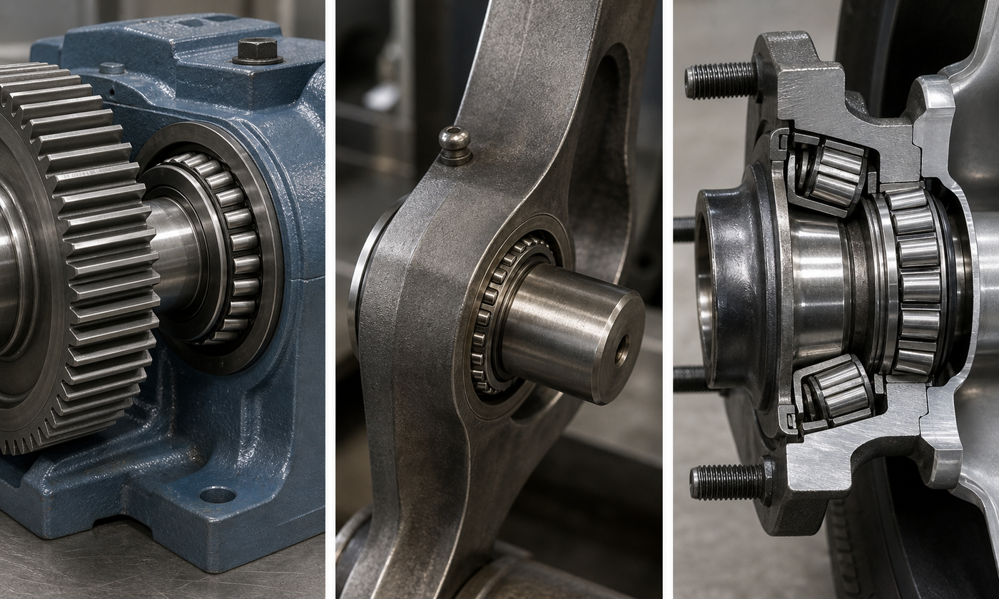 Three machine applications showing a gearbox support, a compact linkage eye, and a wheel hub that favor cylindrical, needle, and tapered roller bearings