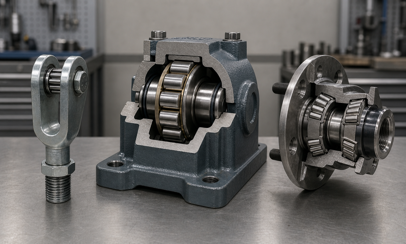Workshop bench comparison showing a thin linkage eye, a heavy radial support housing, and a hub assembly with opposed tapered rollers