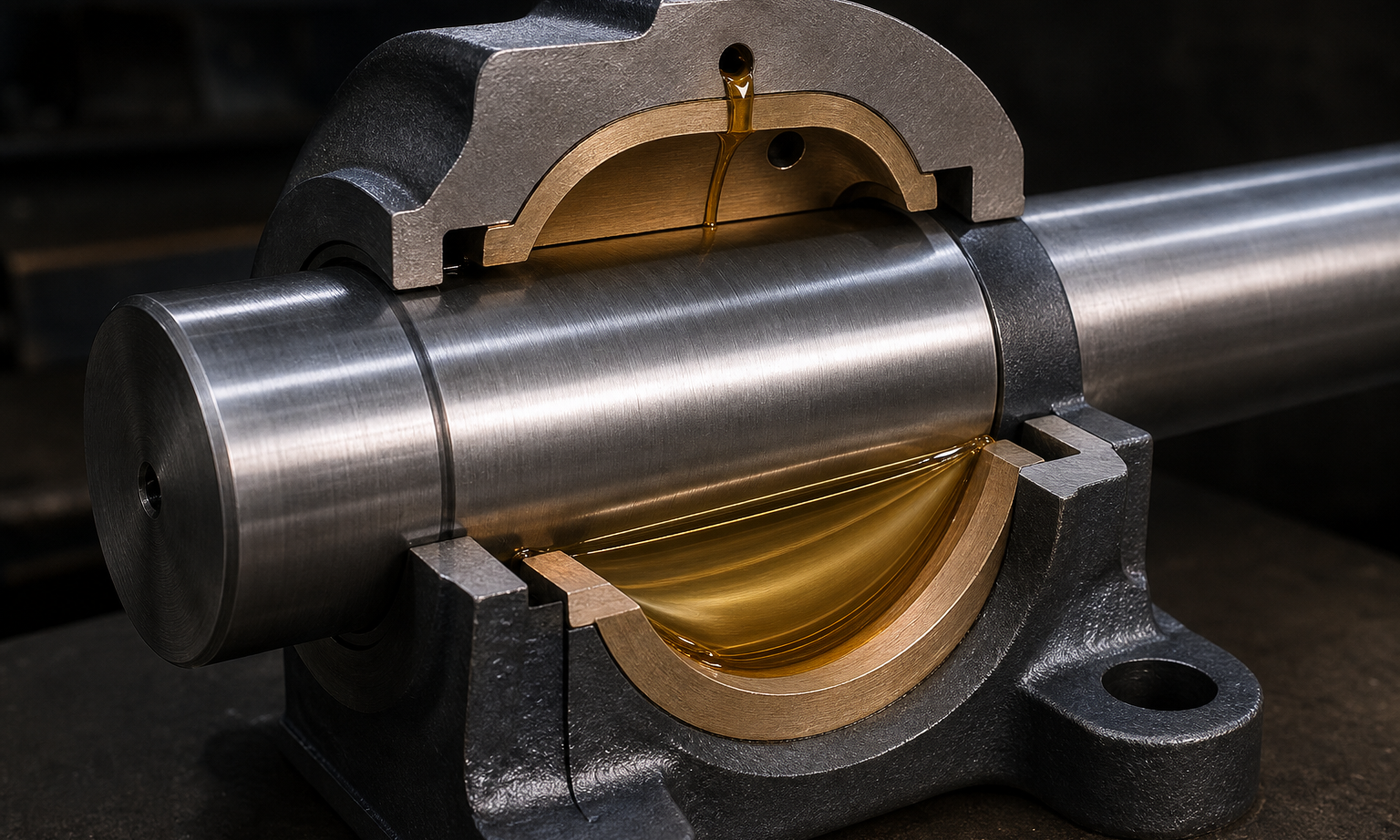 Realistic cutaway of a steel shaft running inside a bronze journal bearing with an amber oil wedge and feed hole