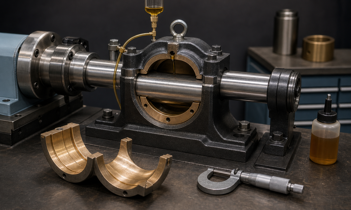 Engineering lab scene with a journal-bearing test rig, oil feed lines, polished split bearing shells, and a shaft journal prepared for inspection