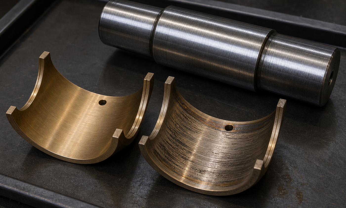 Workshop inspection tray showing a healthy journal-bearing shell beside a wiped and scored shell with a matching shaft journal under realistic shop lighting