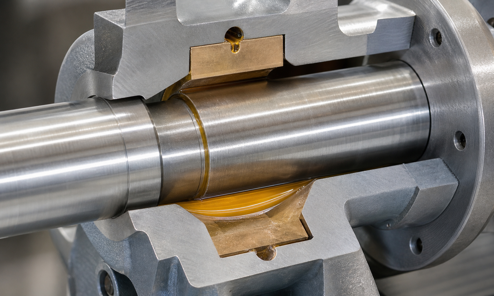 Realistic close-up cutaway of a steel shaft sliding inside a bronze bushing with a clean amber oil film separating the surfaces