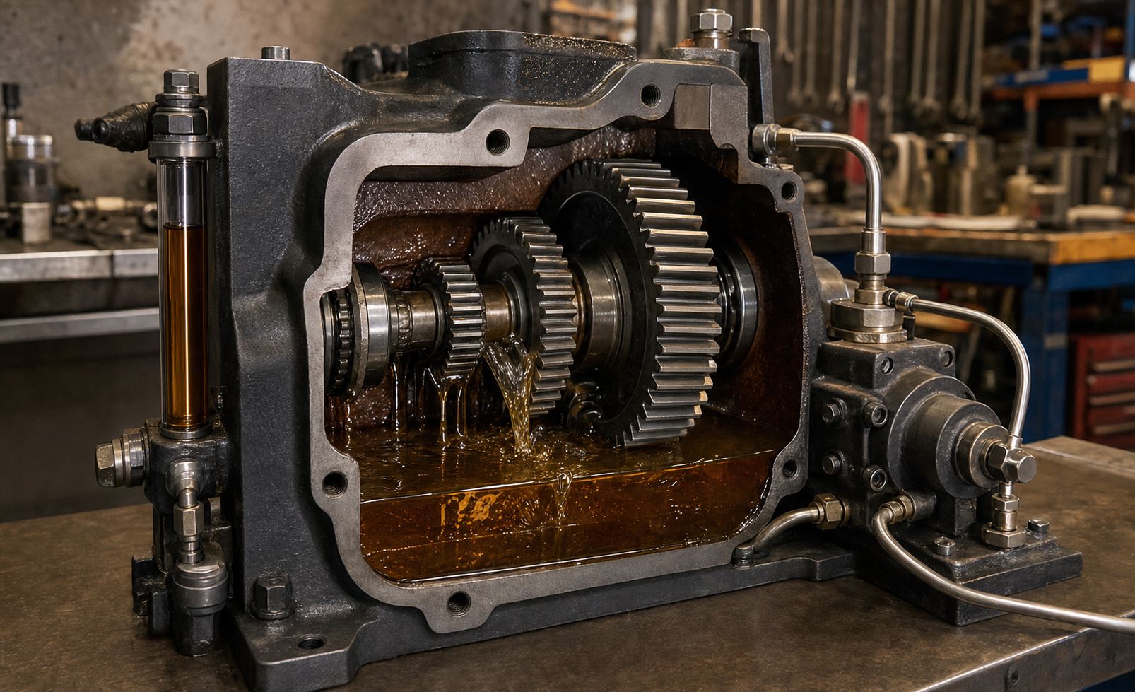 Realistic workshop view of a compact gearbox with splash oil, feed passages, and a small lubrication circulation setup under warm industrial lighting
