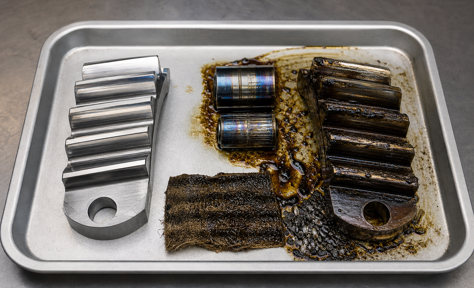 Realistic inspection tray with a healthy lubricated gear tooth sample beside blue-scored bearing parts, dirty filter media, and dark oxidized oil residue