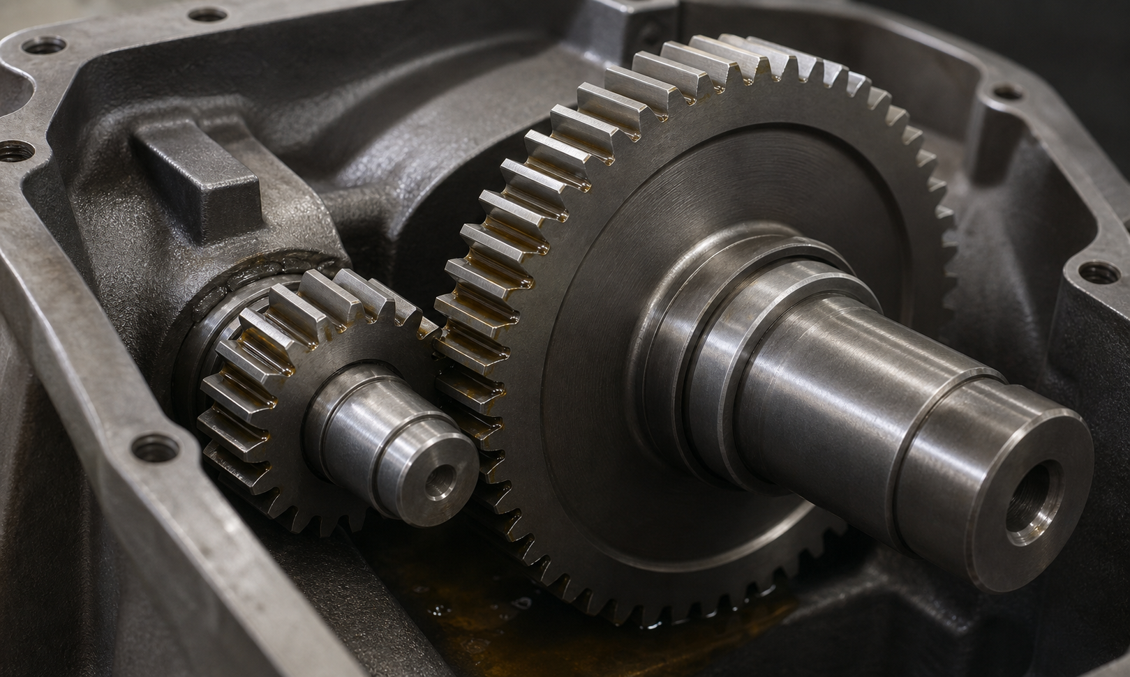 Realistic close-up of two steel spur gears meshing inside an open gearbox housing with clean machined teeth and light oil film