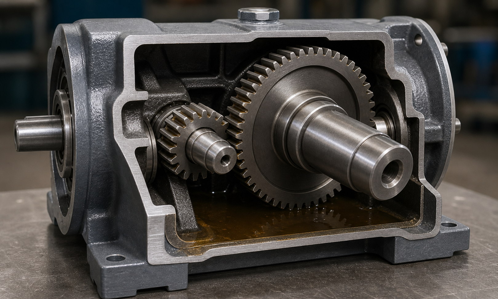 Realistic cutaway of a compact industrial spur gear reducer with a small motor pinion driving a larger output gear in an oil-filled housing