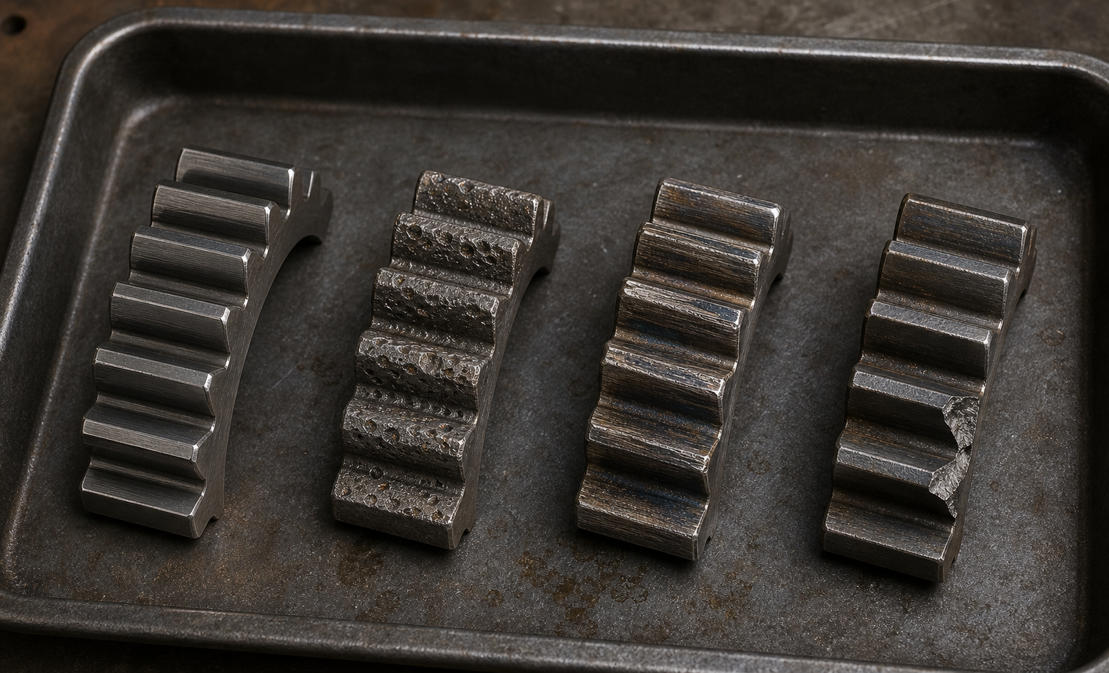 Realistic inspection tray showing healthy machined spur gear teeth beside pitted, scored, and chipped gear samples under workshop lighting