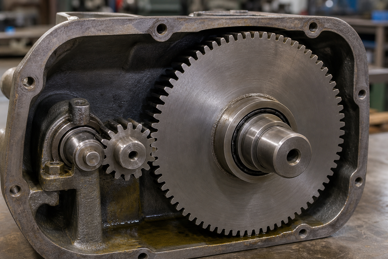Open gearbox with a small steel pinion driving a much larger steel spur gear inside a cast housing