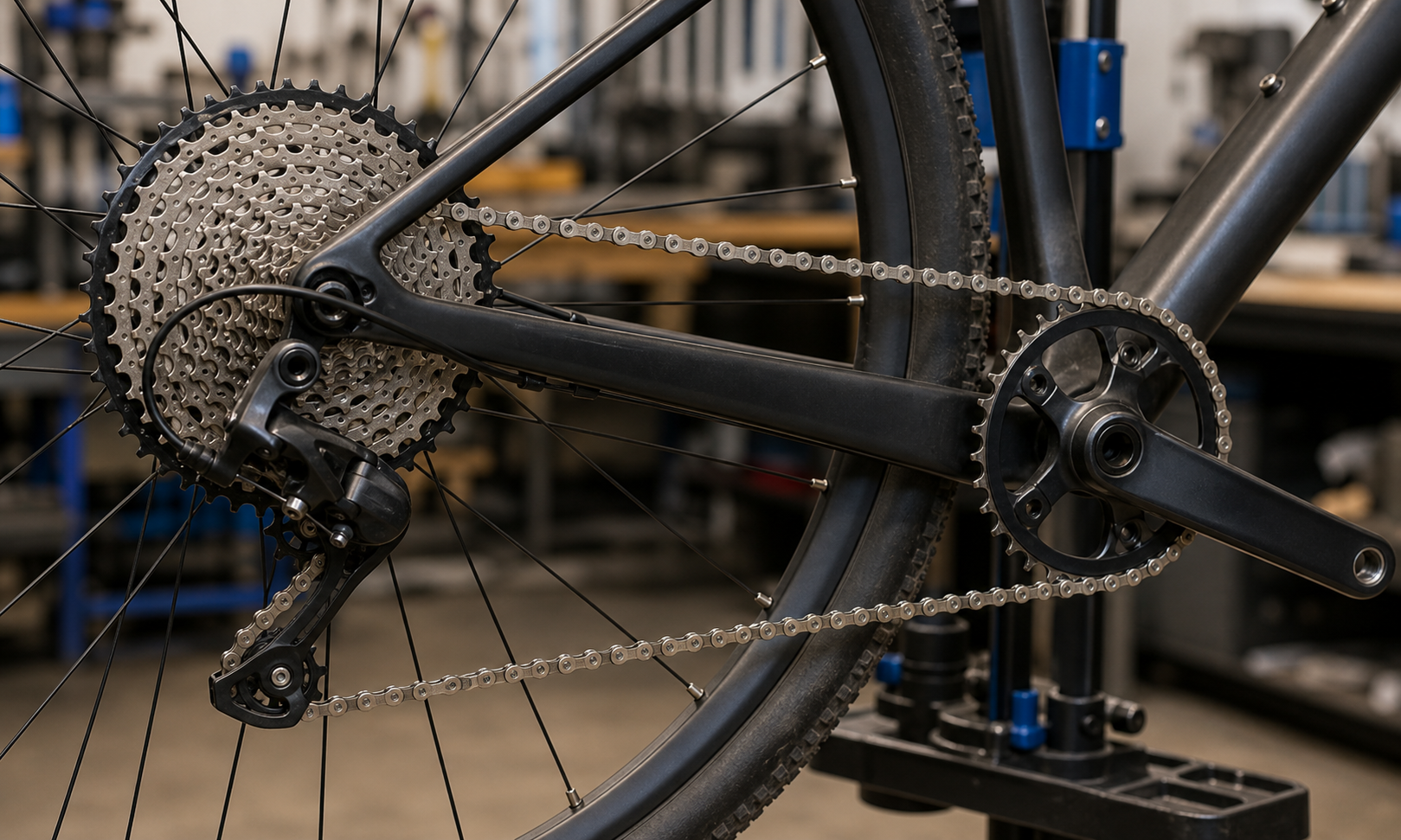 Bicycle drivetrain on a repair stand with chain on a small front chainring and a large rear sprocket