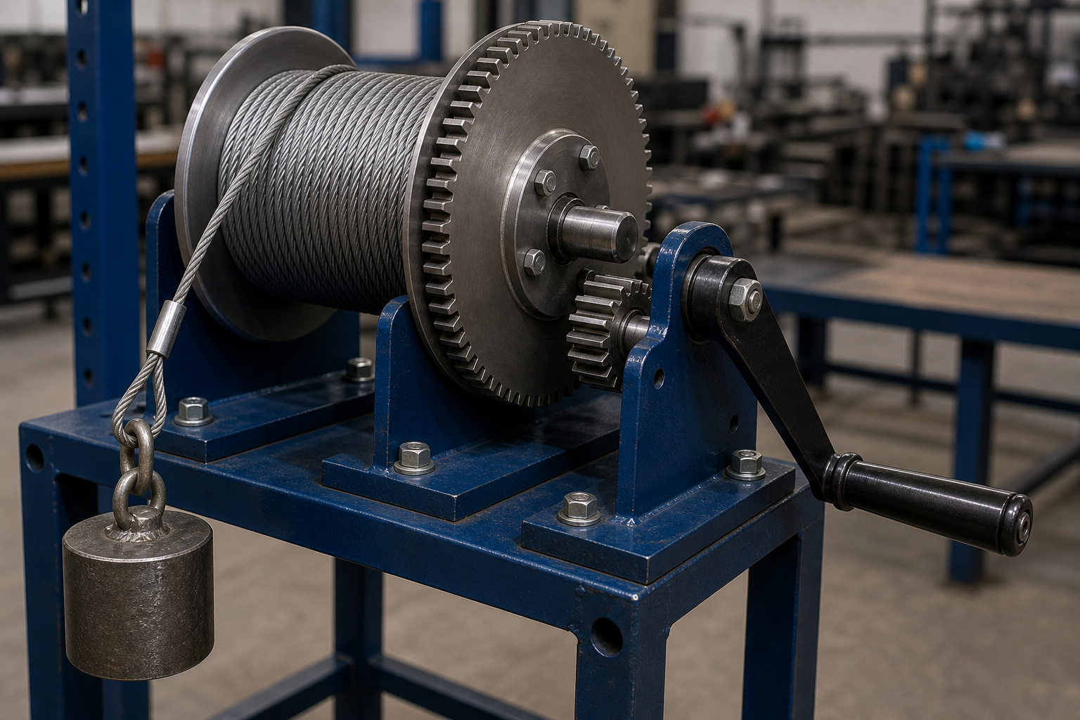 Geared hand winch with small input pinion driving a larger drum gear and lifting a steel weight