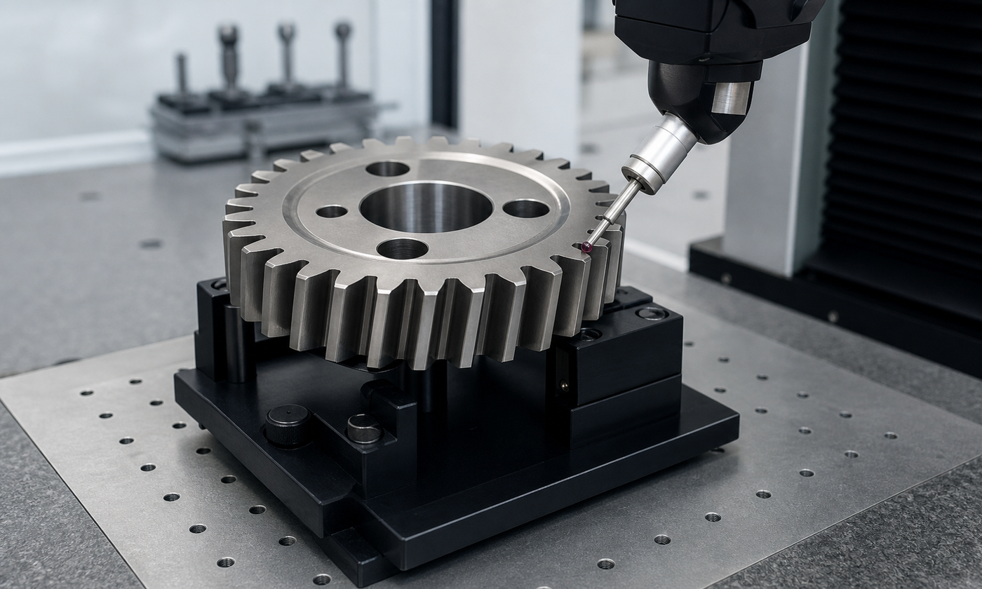 Workshop optical inspection screen showing a magnified involute gear tooth flank curve with a sample gear and caliper