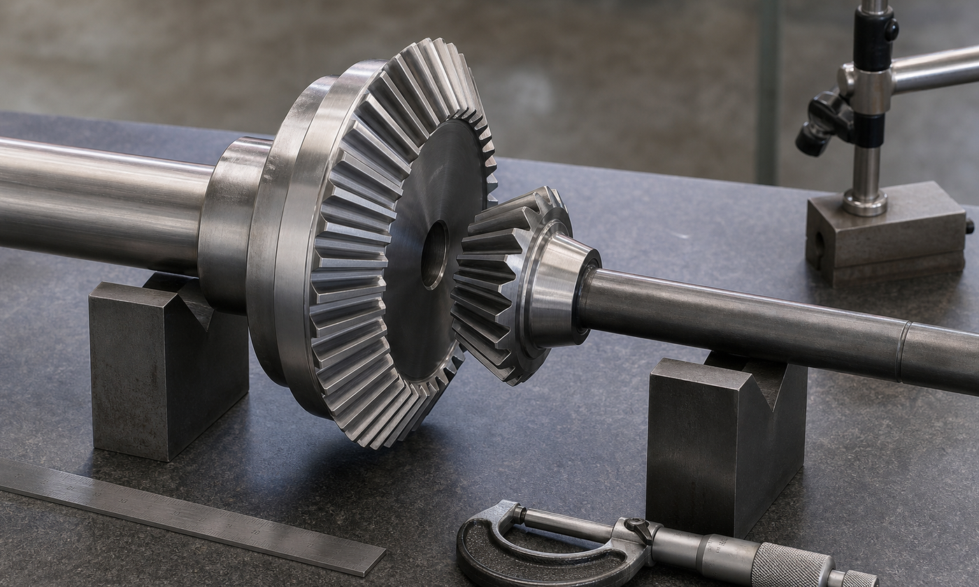 Workshop bench with a straight bevel gear pair arranged at ninety degrees, showing cone-shaped pitch geometry and intersecting shafts