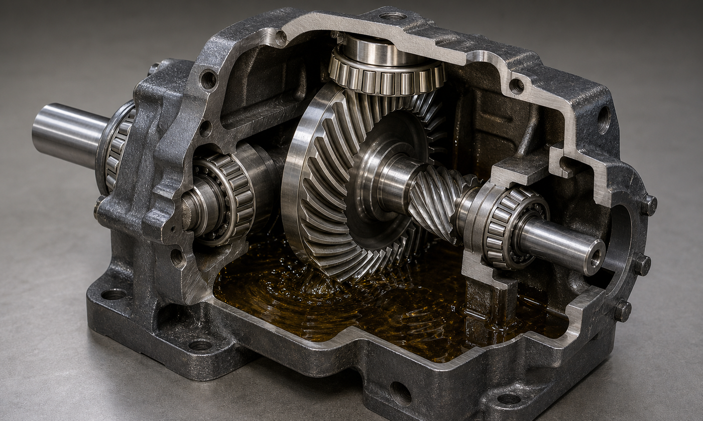 Cutaway right-angle gearbox with meshing spiral bevel gears, bearings, oil bath, and contact patch inside a rigid housing