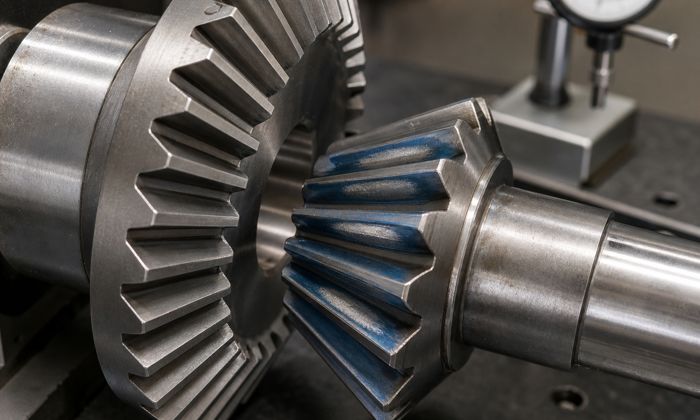 Close inspection scene with bevel gear teeth coated in blue marking compound, showing the polished contact patches used to judge bevel gear setup quality