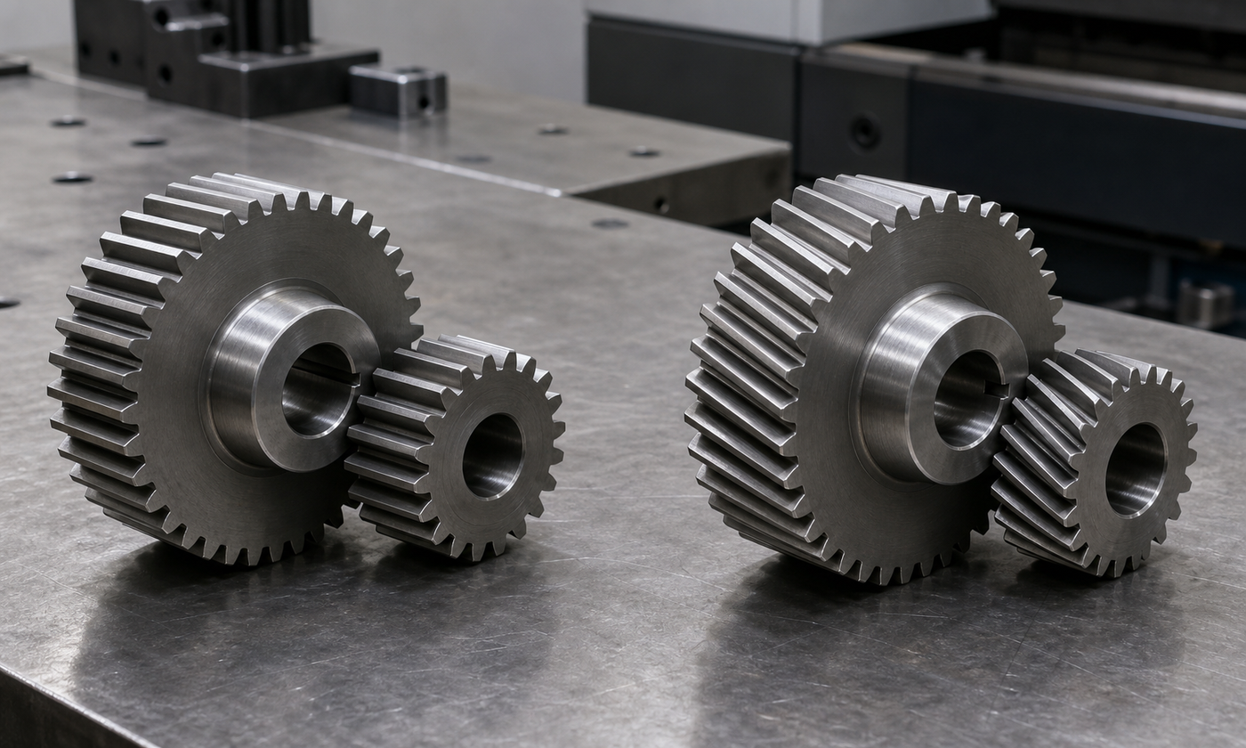 Workshop inspection bench with a spur gear pair and a helical gear pair side by side, showing straight teeth and angled teeth