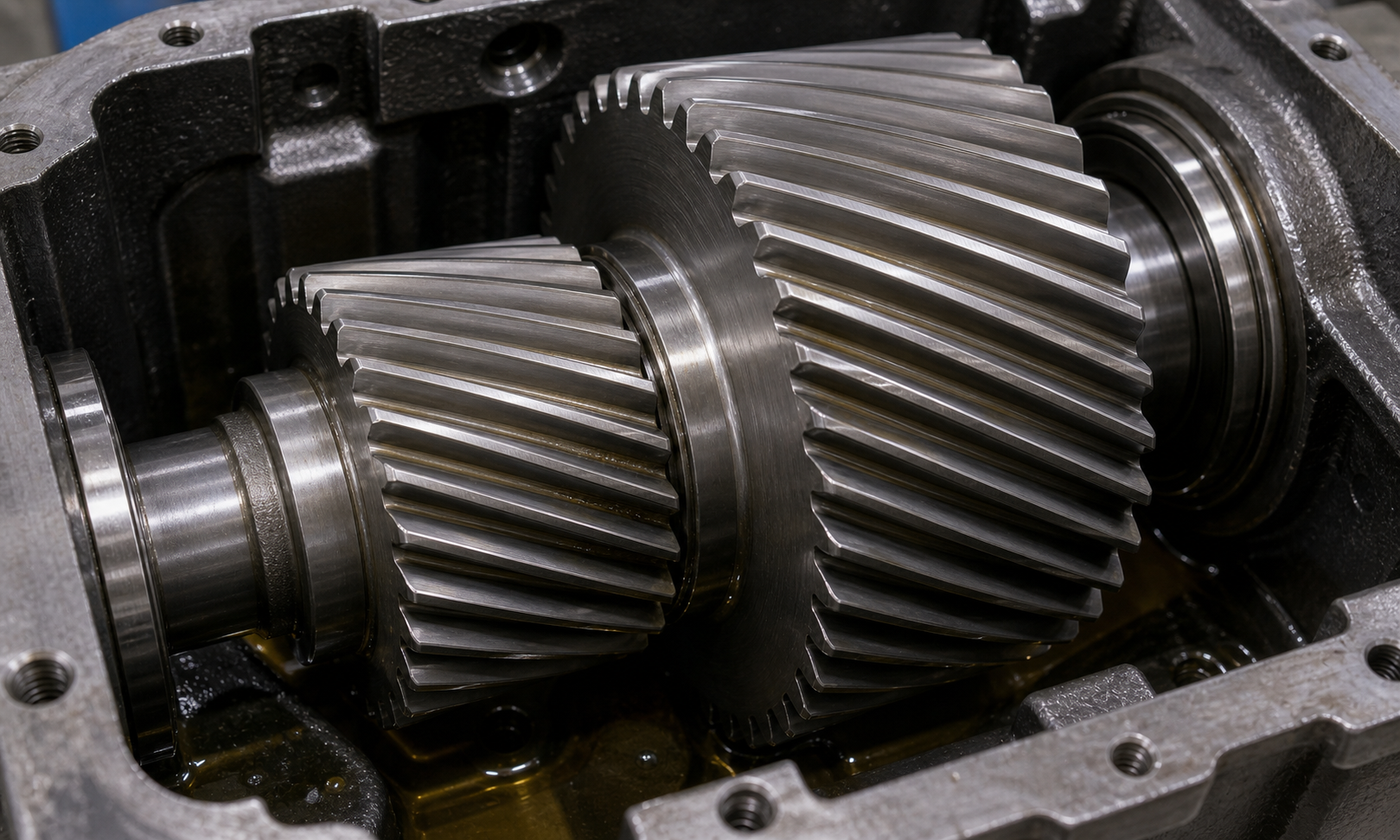 Close-up cutaway view of meshing helical steel gears inside an open gearbox with oil film and progressive contact across the tooth face