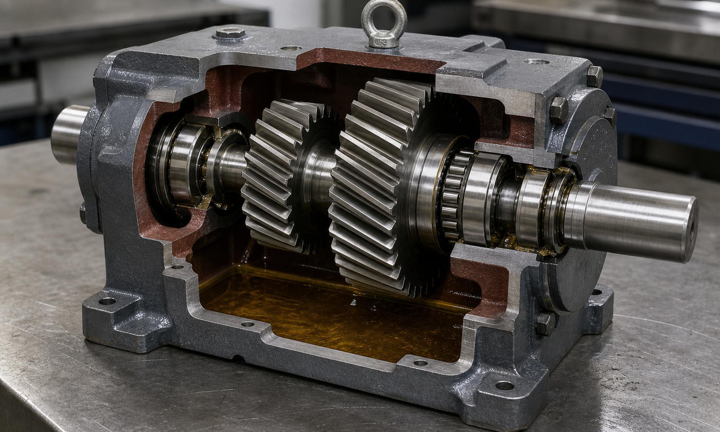 Cutaway industrial helical gearbox showing angled gears, shaft supports, and thrust-capable bearings inside an oil-lubricated housing