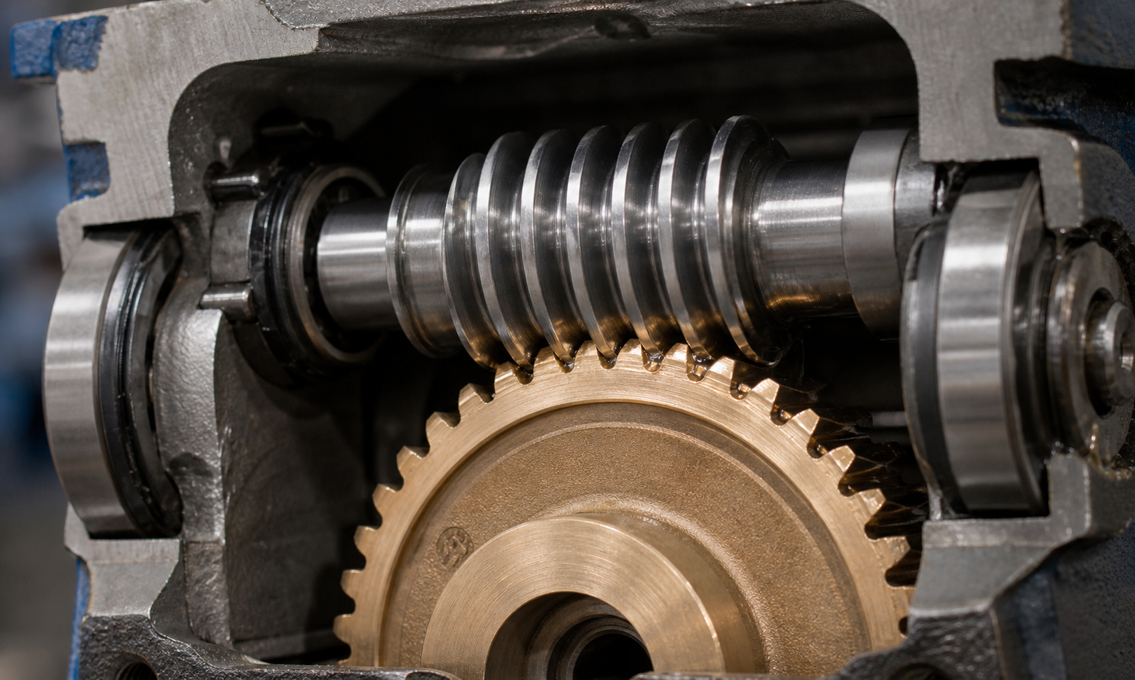 Close-up cutaway of a steel worm meshing with a bronze worm wheel inside a compact gearbox
