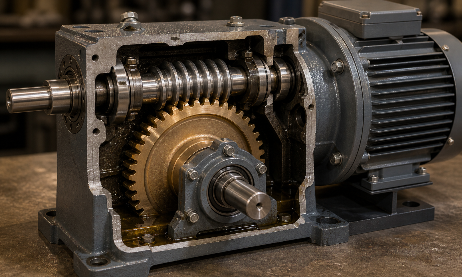Cutaway right-angle worm gearbox with motor shaft, steel worm, bronze wheel, bearings, and oil sump inside a cast housing