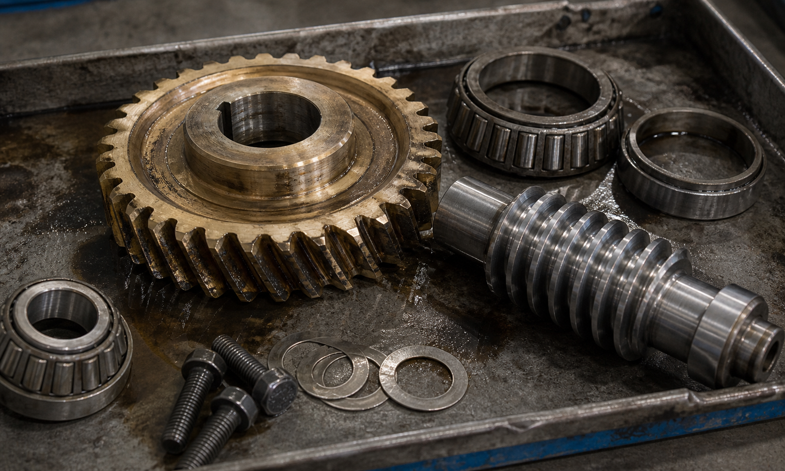 Workshop inspection tray with worn bronze worm wheel, steel worm, bearings, and oil-stained parts from a disassembled reducer