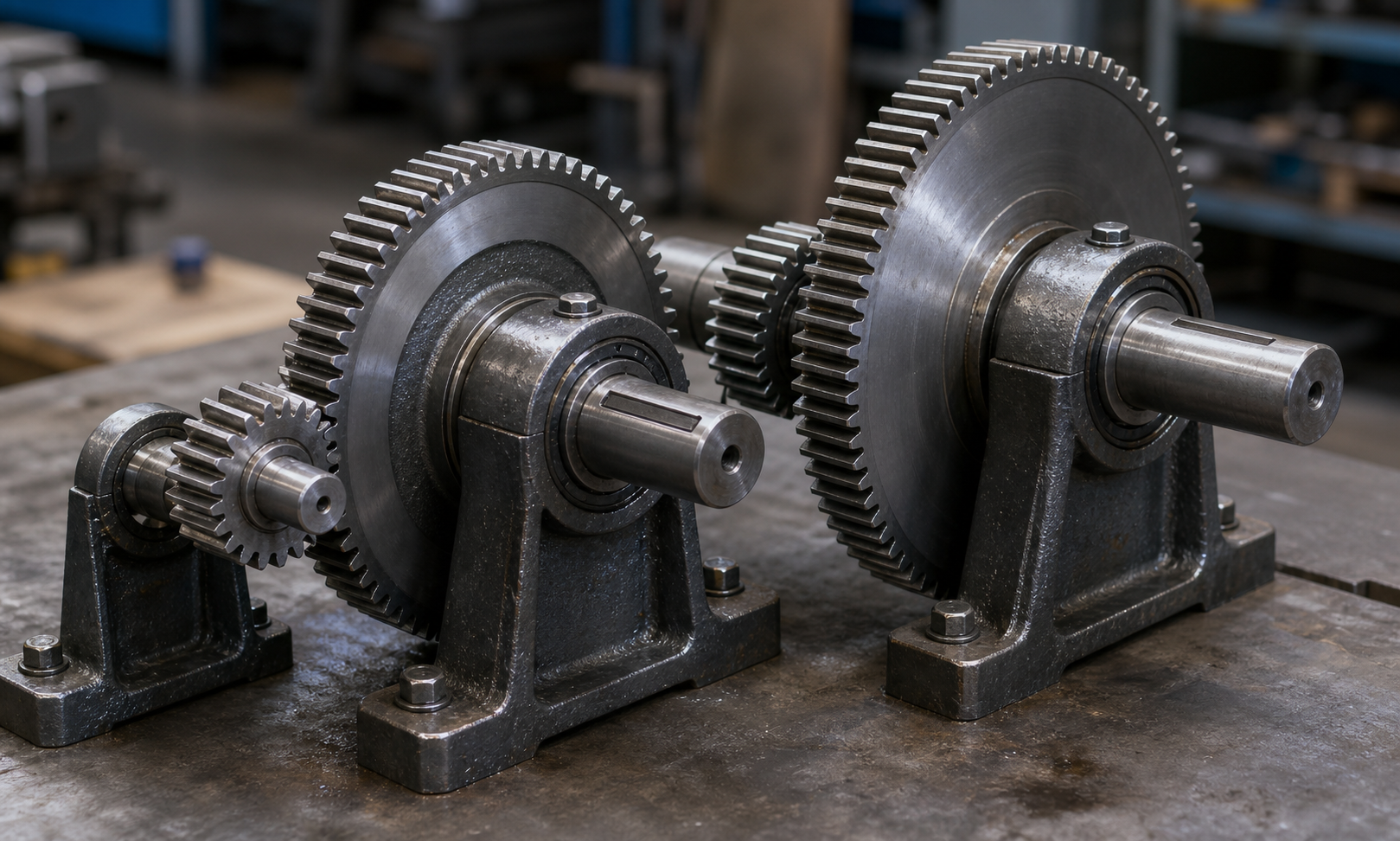 Workshop-bench close-up of a compound spur gear train with a small steel pinion, larger driven gear, shared countershaft pinion, and a large output gear