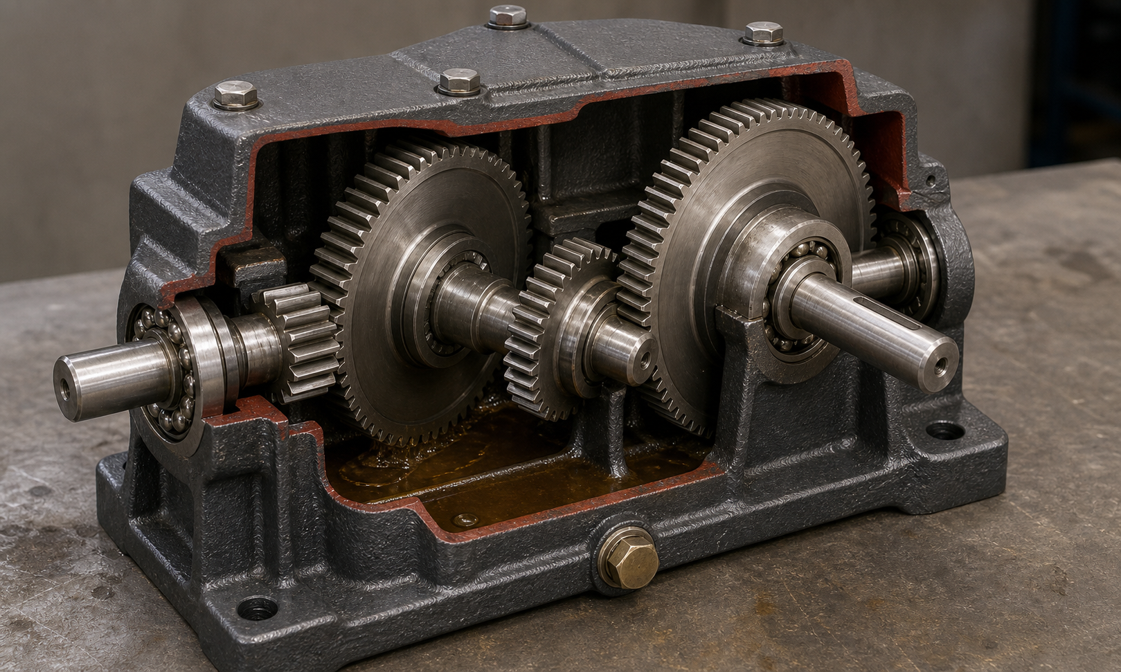 Cutaway of a compact three-shaft reduction gearbox showing input pinion, countershaft gears, output gear, bearings, oil splash, and cast housing