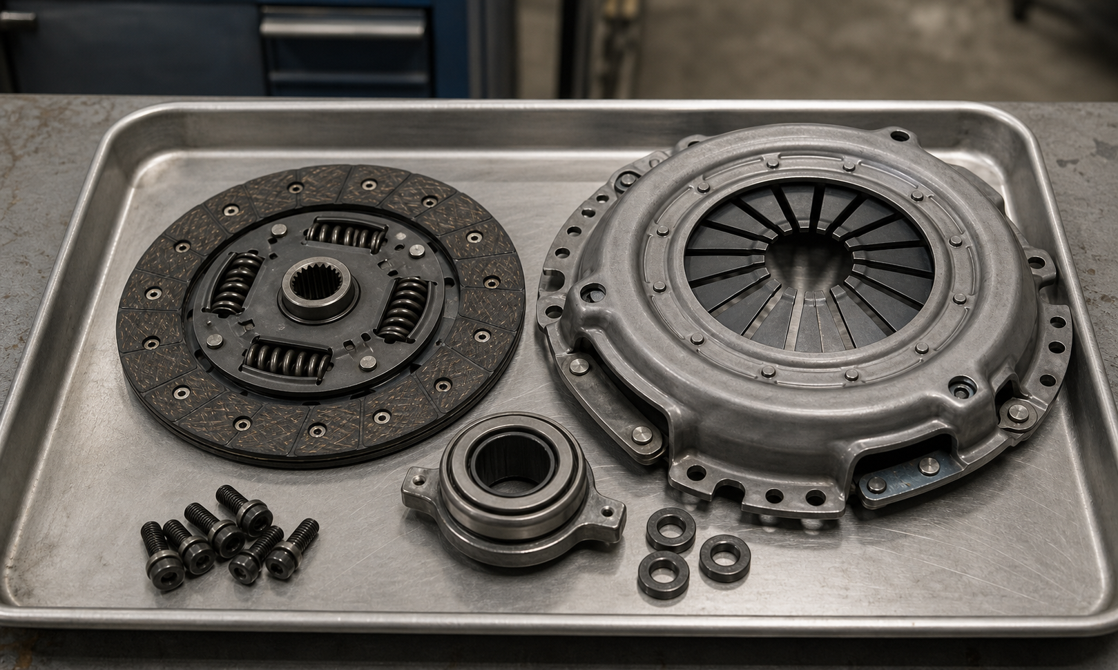 Workshop bench close-up showing a dry single-plate clutch disc, pressure plate, diaphragm spring cover, release bearing, and splined hub arranged on a clean steel inspection tray