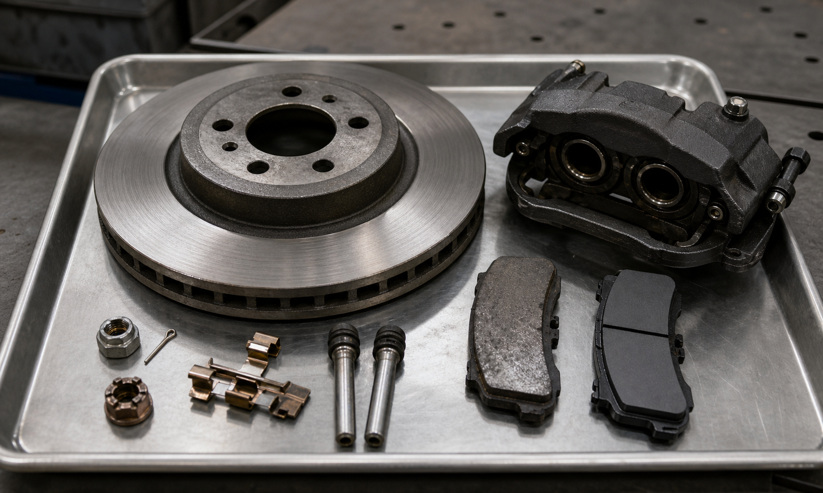Workshop bench close-up showing a ventilated disc brake rotor, floating caliper, two worn and new brake pads, guide pins, and hub hardware arranged on a clean steel tray