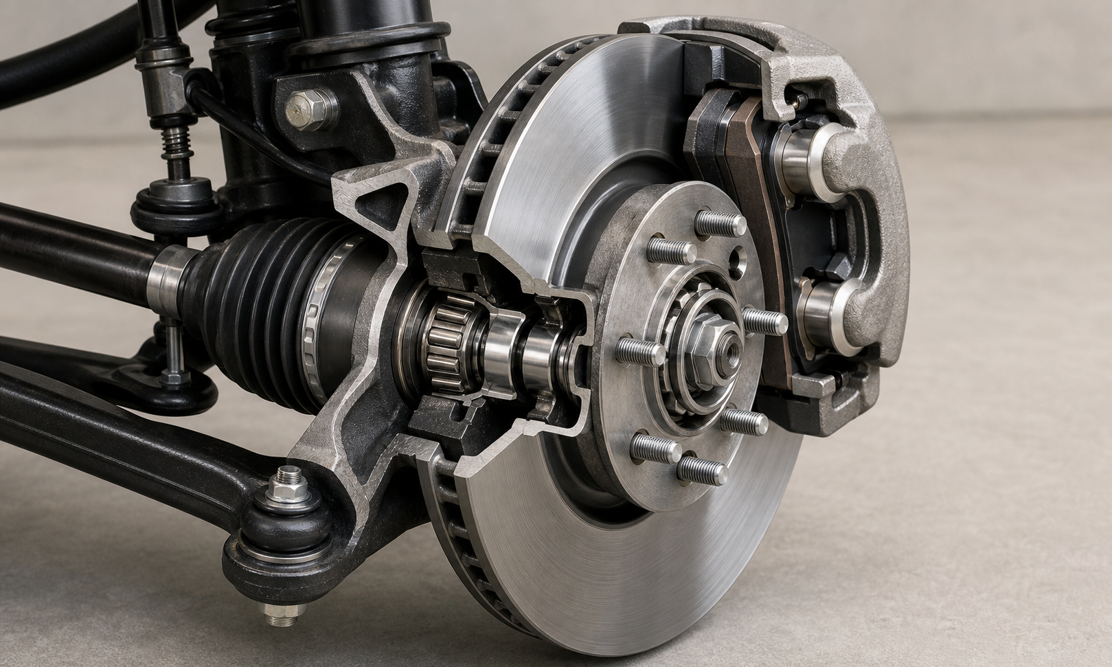 Realistic cutaway of an automotive front wheel end showing ventilated rotor, brake pads, caliper pistons, hub, bearing, knuckle, and wheel rim with clean metallic materials