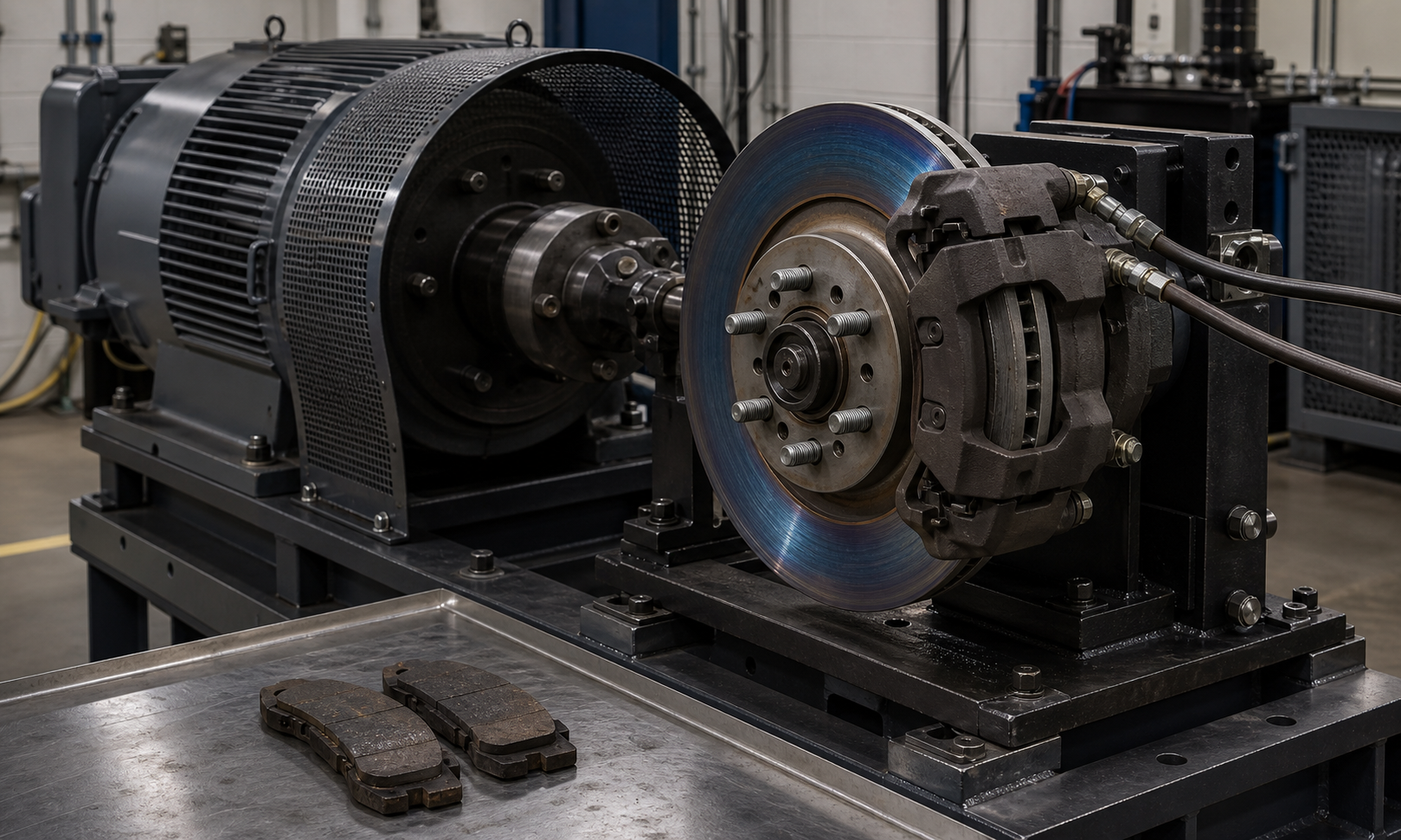 Workshop-style brake dynamometer setup with an instrumented disc brake, guarded drive motor, blue heat-tinted rotor, worn pads on a nearby steel bench, and realistic industrial lighting