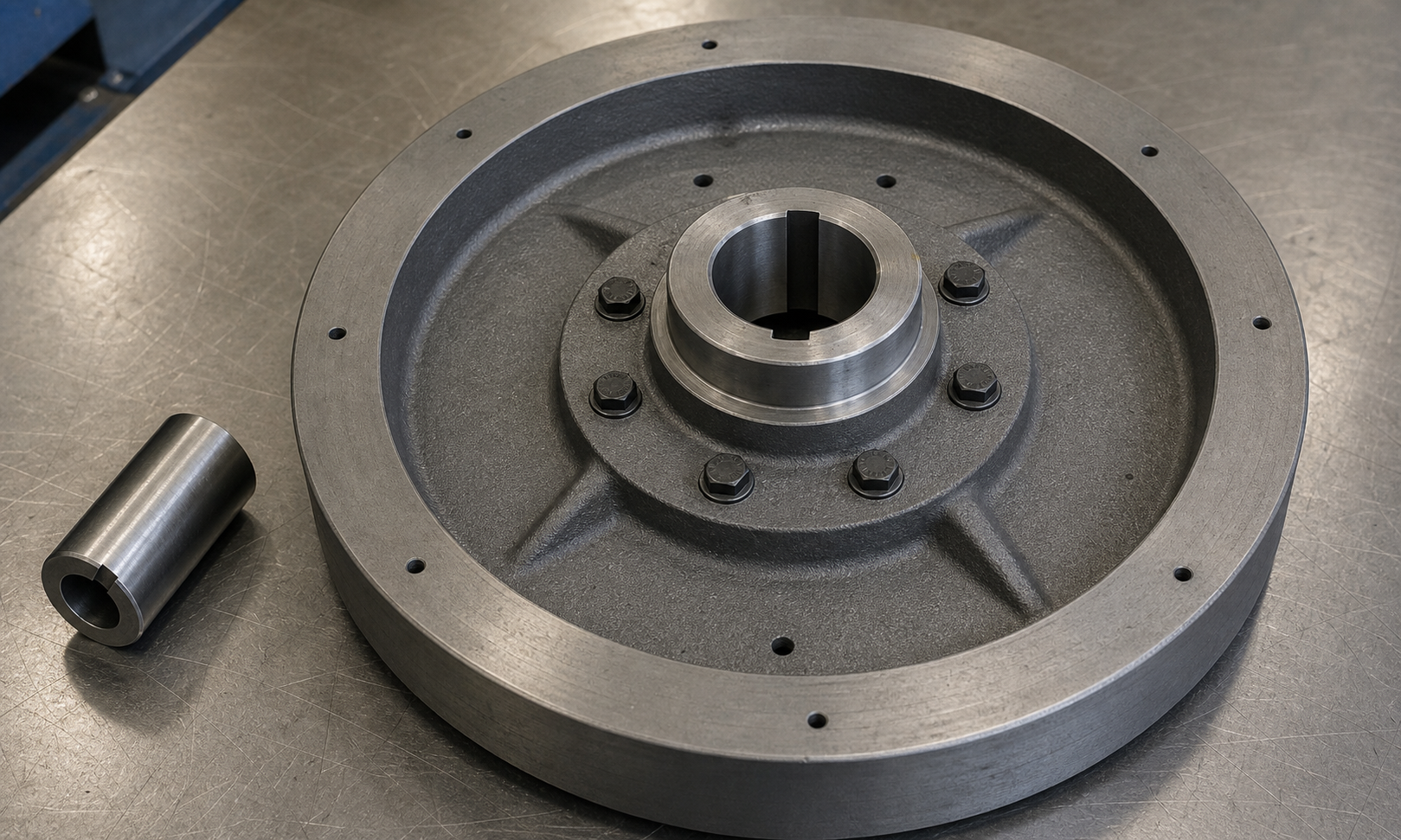 Workshop bench scene showing a machined cast-iron flywheel with ring gear teeth, keyed hub, shaft sleeve, retaining bolts, and balancing drill marks arranged on a clean steel table