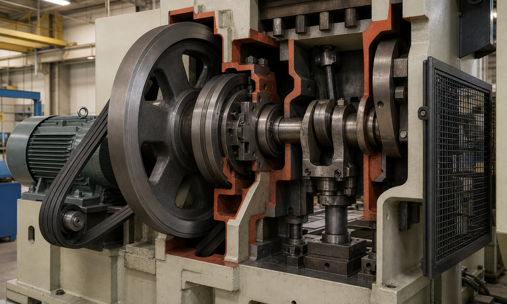 Realistic cutaway of a mechanical press drive showing motor, belt drive, large rimmed flywheel, clutch, crankshaft, and guarded frame with clean industrial materials and no labels