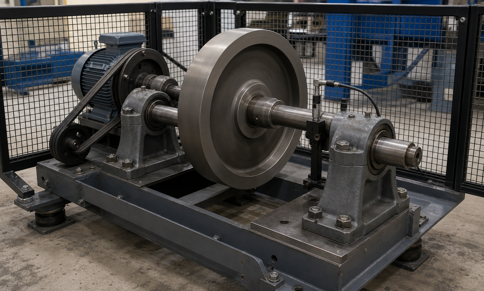 Industrial lab spin test rig with a guarded high-speed flywheel, tachometer pickup, belt drive motor, bearing housings, and realistic workshop lighting with no overlaid text