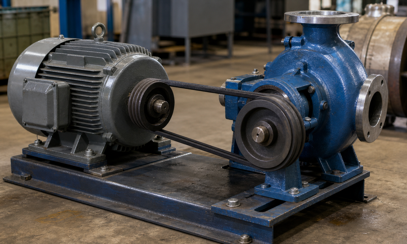 Workshop bench drive with electric motor, cast-iron pulleys, and a V-belt linking a motor shaft to a centrifugal pump on a steel baseplate