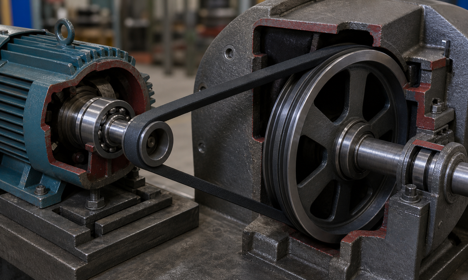 Realistic cutaway of a V-belt seated in grooved pulleys, showing a motor pulley, larger driven pulley, belt sidewalls contacting the sheave grooves, and a slotted motor base for tension adjustment