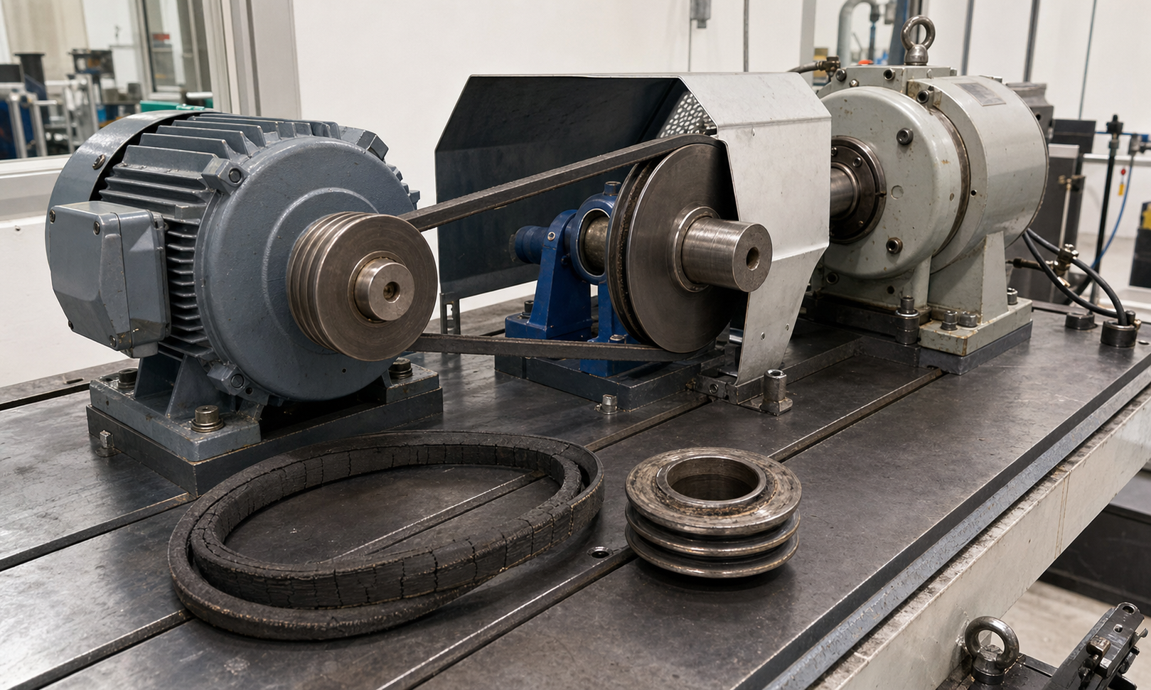 Engineering lab belt-drive test rig with guarded electric motor, twin pulleys, a loaded output brake, and nearby inspection parts showing a cracked V-belt and worn pulley groove on a steel table