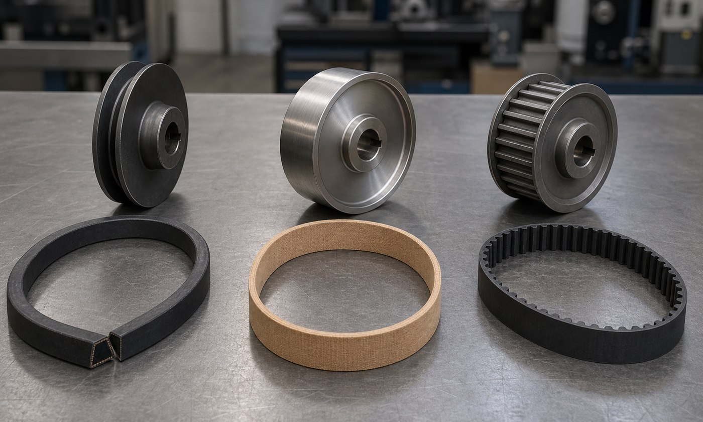 Three separate belt samples—a V-belt, flat belt, and timing belt—arranged with their matching pulley types on a steel workshop bench