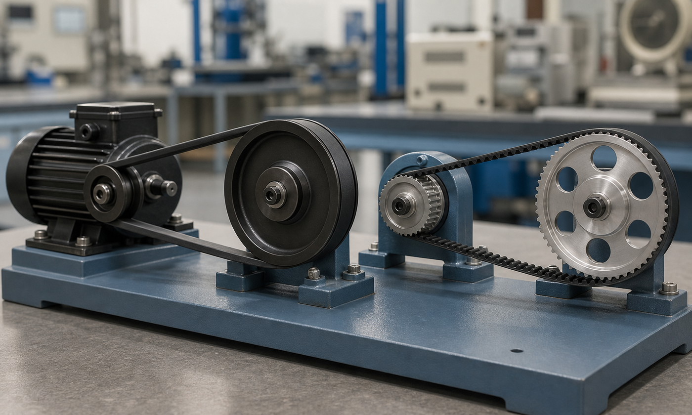 Laboratory comparison rig with a V-belt drive on the left and a separate toothed timing-belt drive on the right