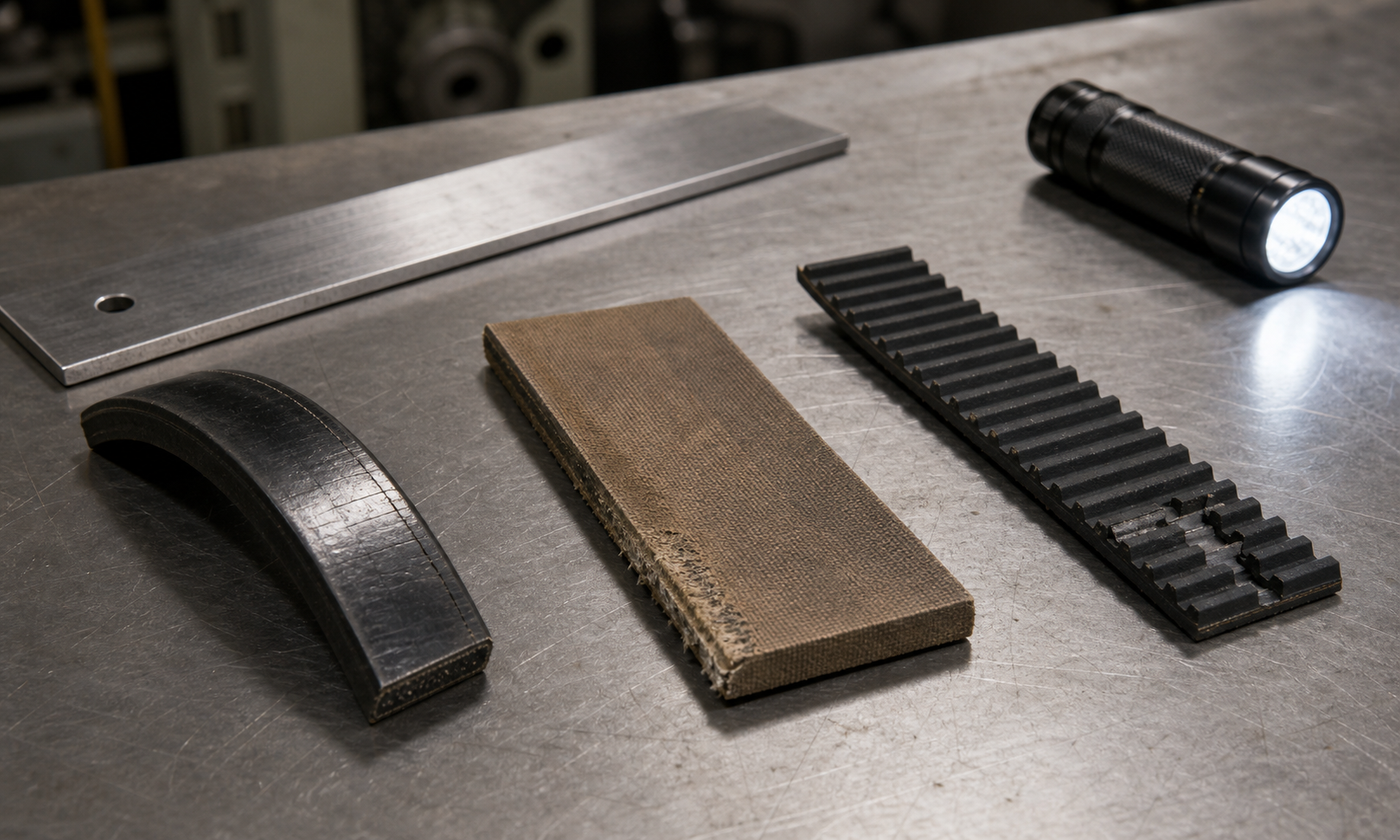 Used V-belt, flat-belt, and timing-belt specimens showing glazing, edge fraying, and localized tooth damage during workshop inspection