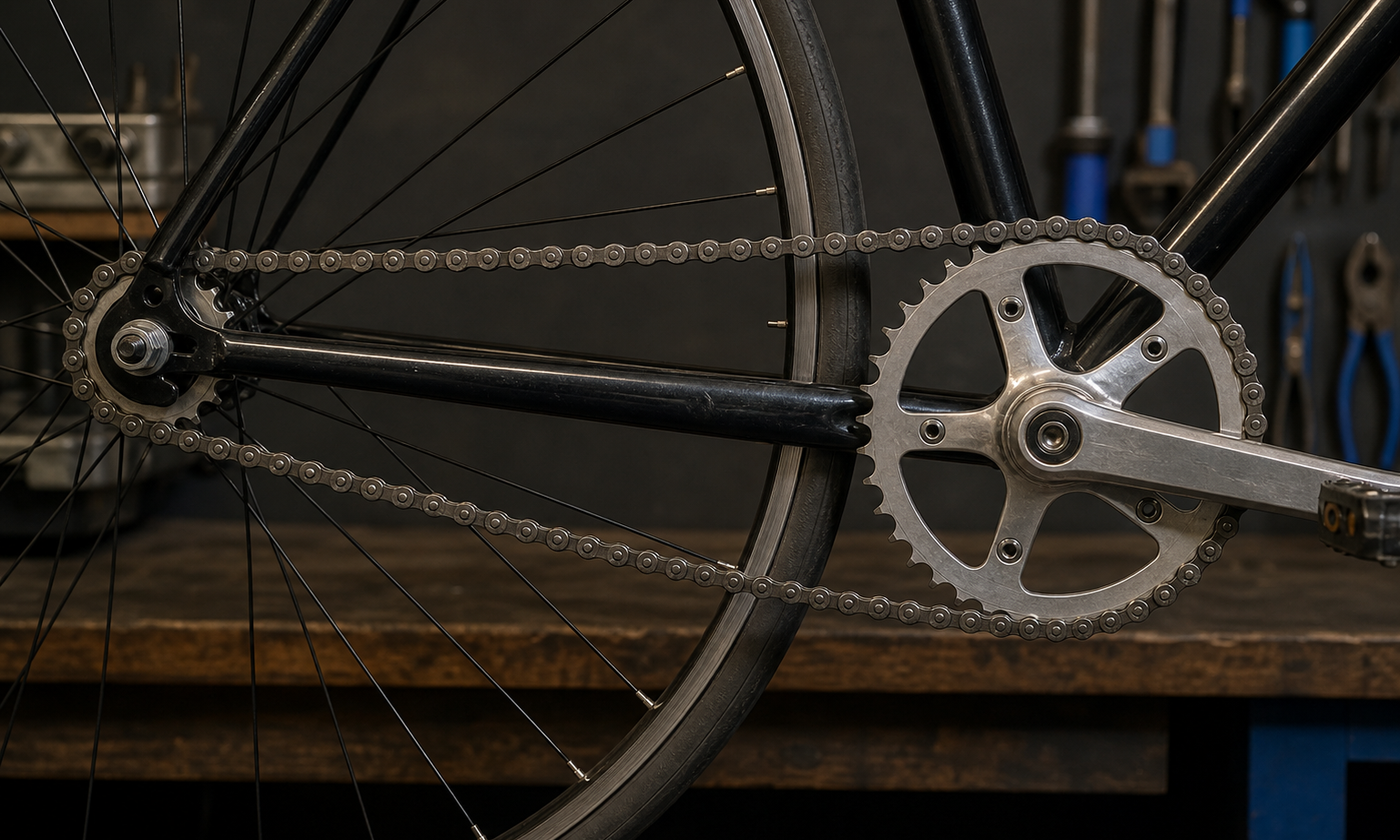 Single-speed bicycle roller chain correctly engaged with a front chainring and rear sprocket in a workshop