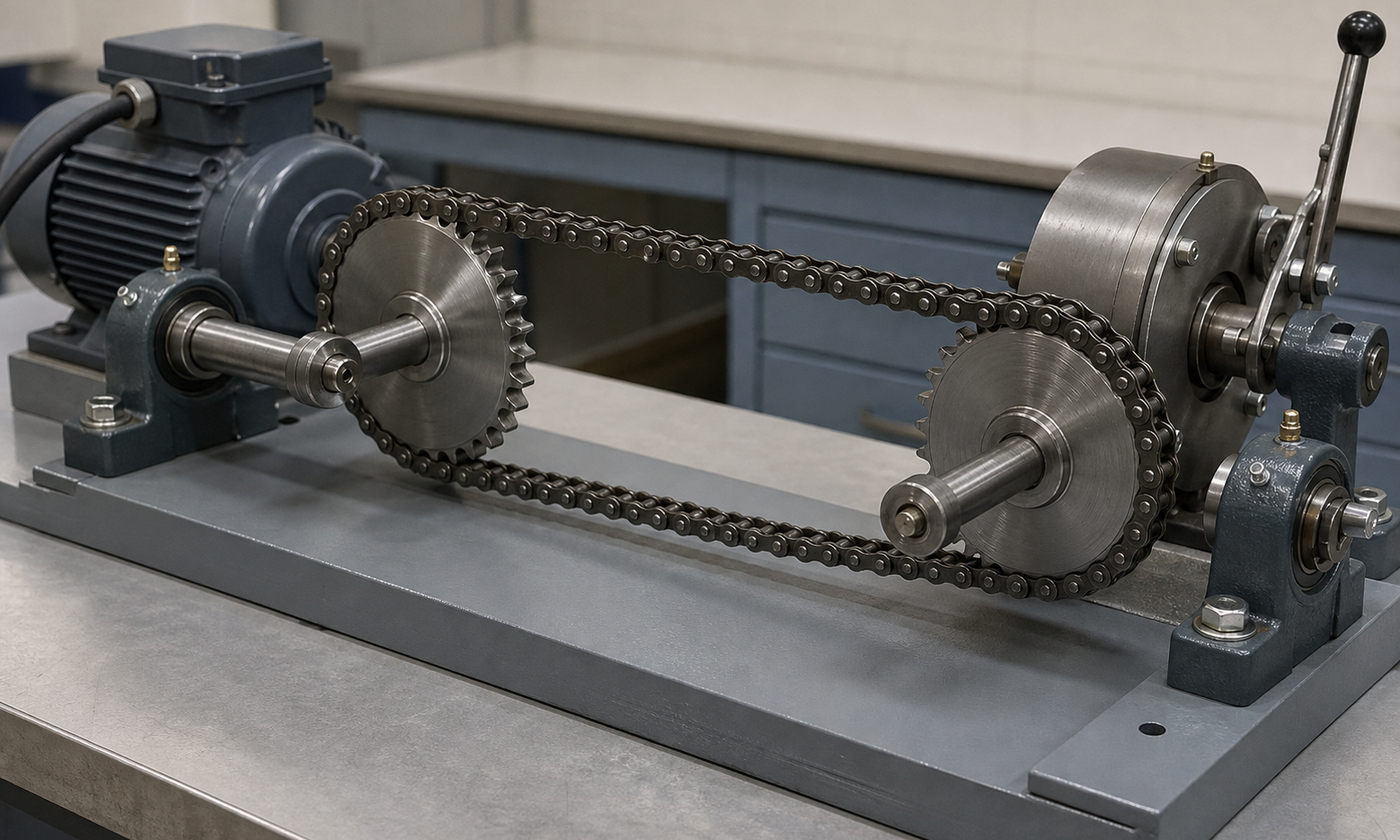 Laboratory chain-drive rig with two steel sprockets, parallel shafts, bearings, motor, and output brake
