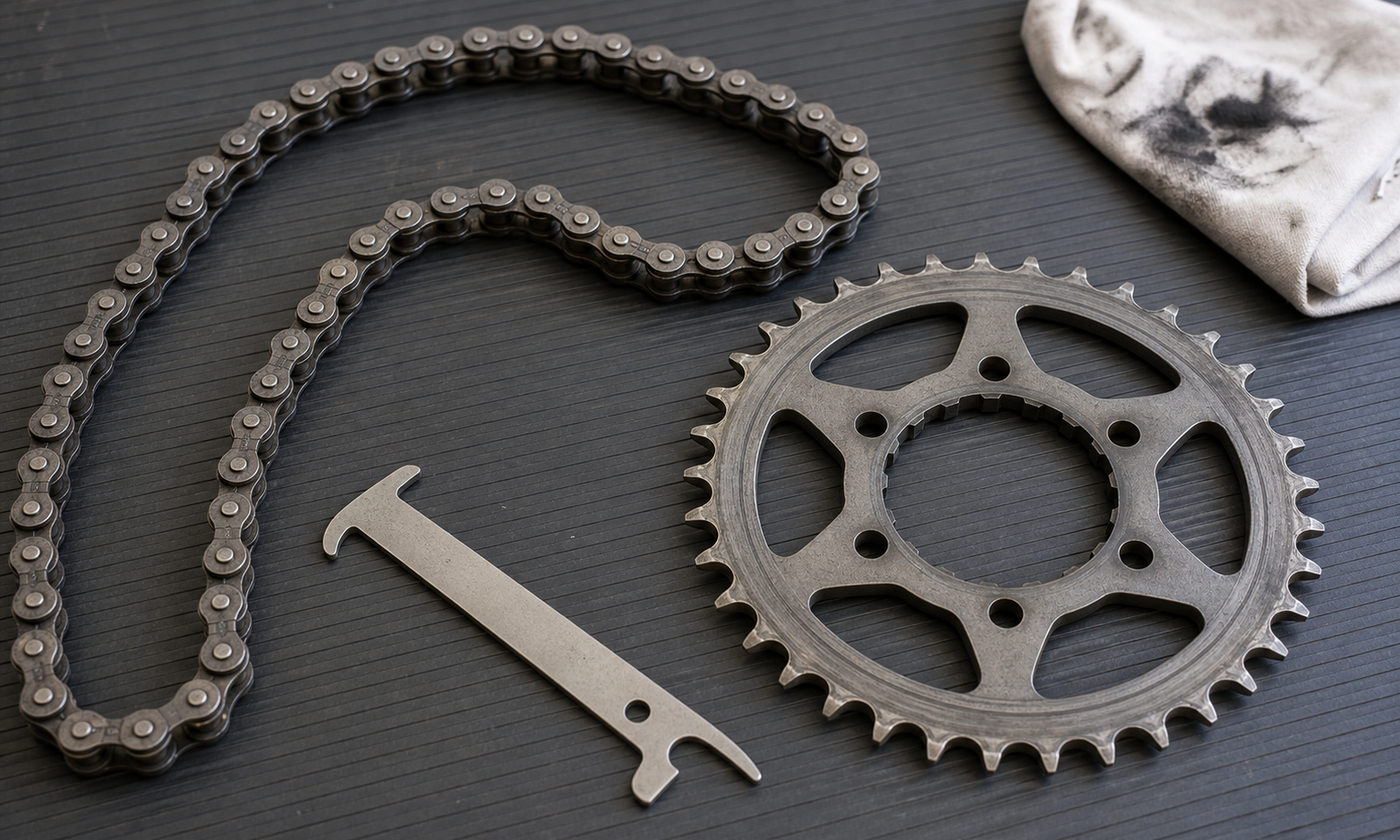 Used bicycle roller chain, worn steel sprocket, chain-wear gauge, and lubricant cloth on a service mat