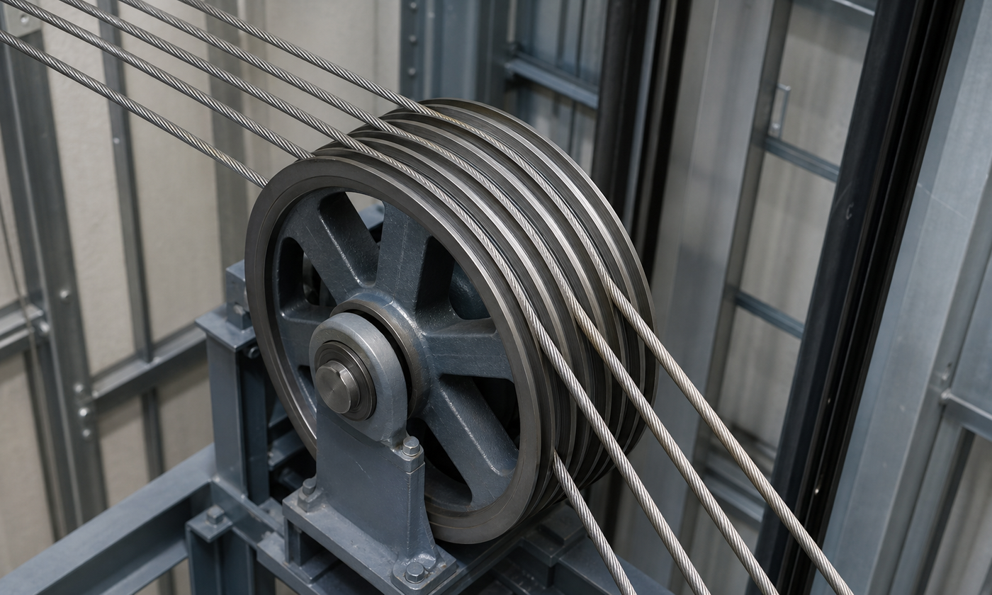 Five separate elevator wire ropes running continuously over five grooves of a steel traction sheave