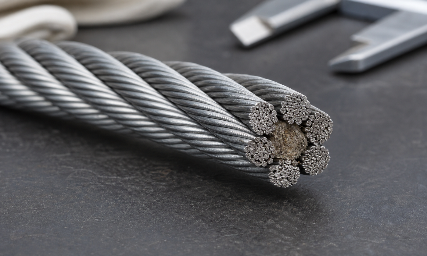 Macro view of a steel wire rope cut end showing six outer strands arranged around a central fiber core