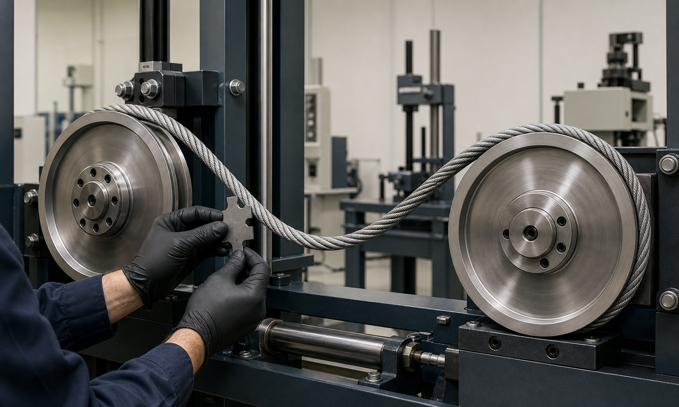 Laboratory bend-fatigue rig with one steel wire rope passing over two circular sheaves while an inspector checks the rope with a groove gauge