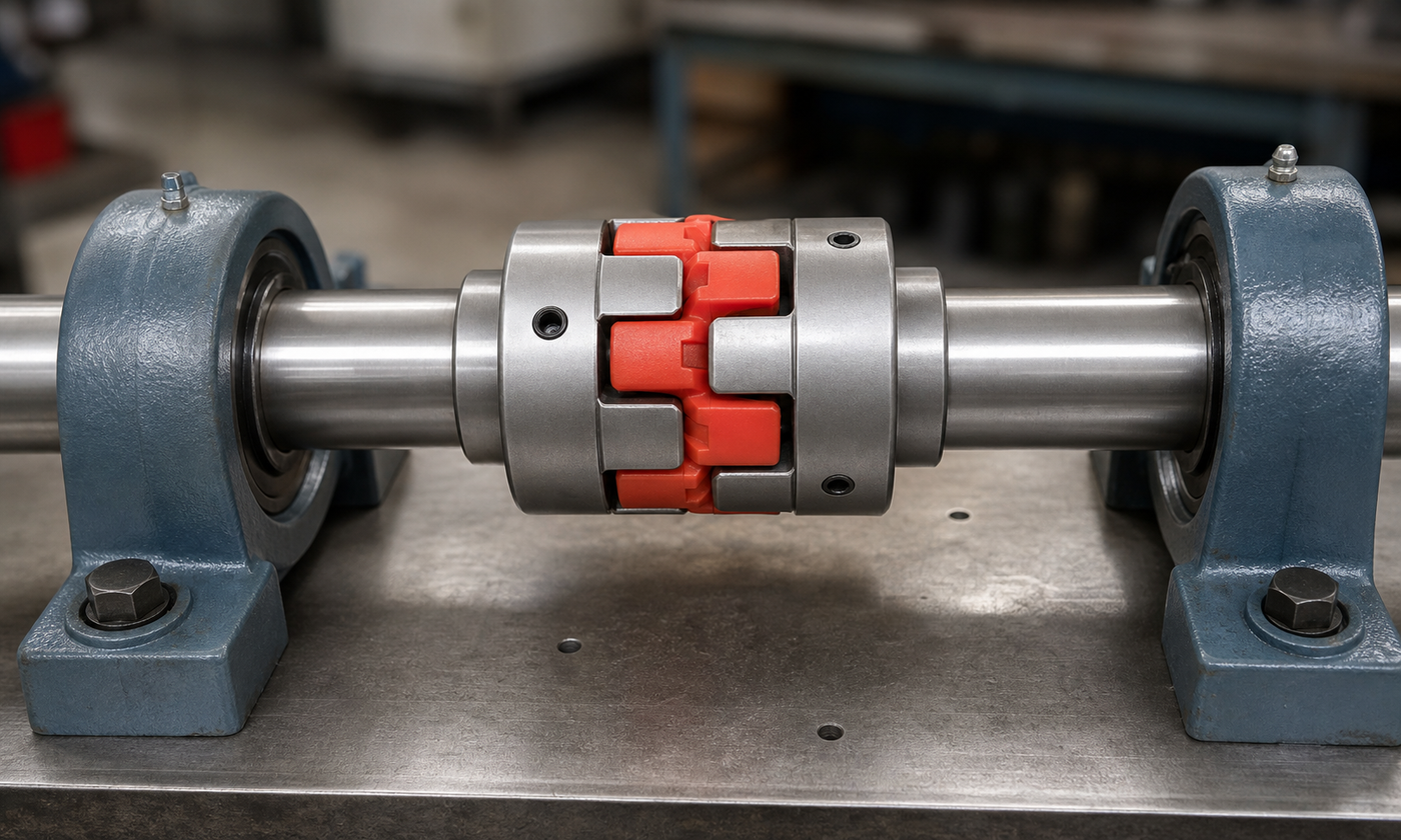 Flexible jaw coupling joining two aligned steel shafts between bearing blocks, with the elastomer insert visible