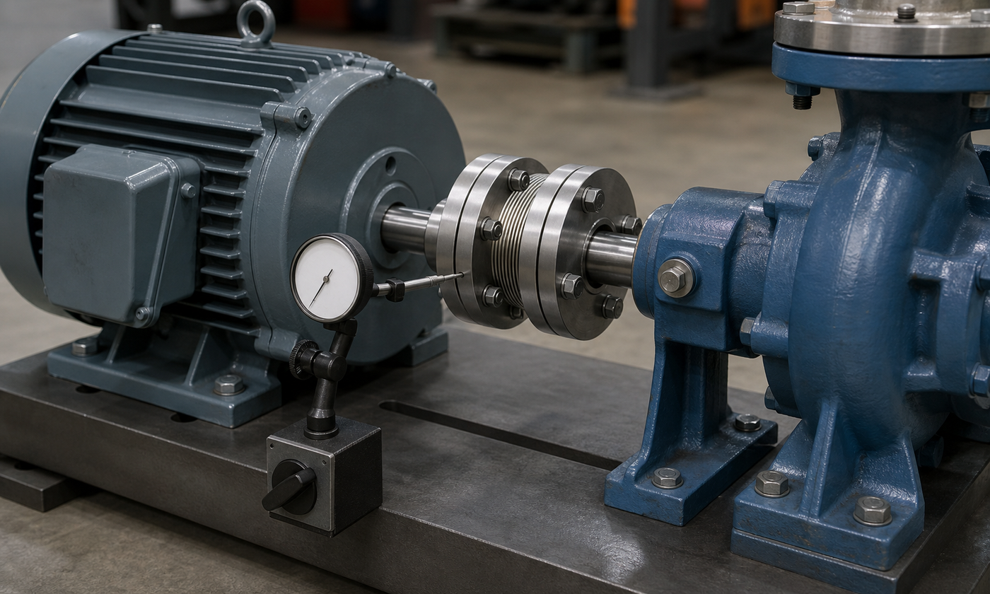 Motor and pump shafts connected by a metallic flexible coupling while a dial indicator checks coupling alignment