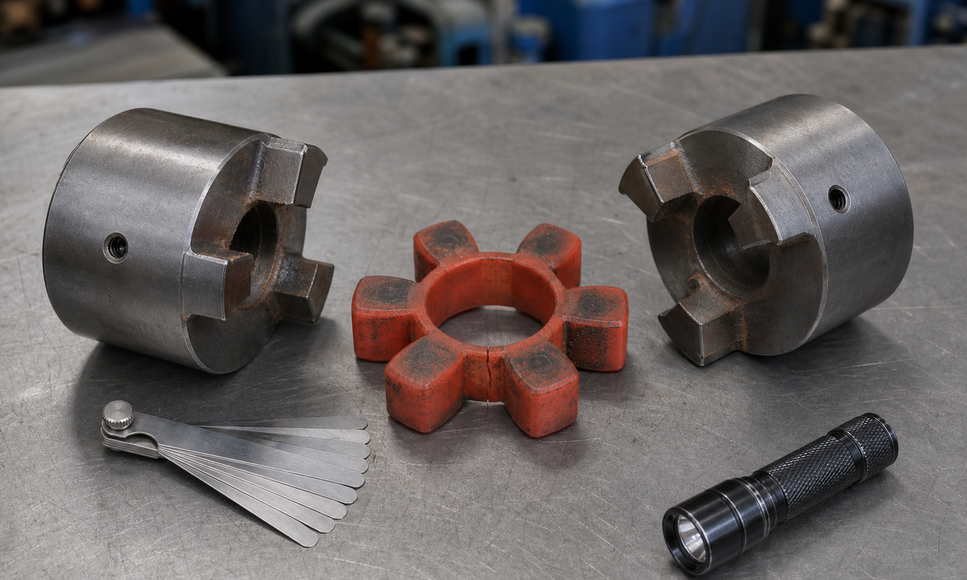 Disassembled jaw coupling with two steel hubs and a worn elastomer spider showing compressed and heat-polished contact areas